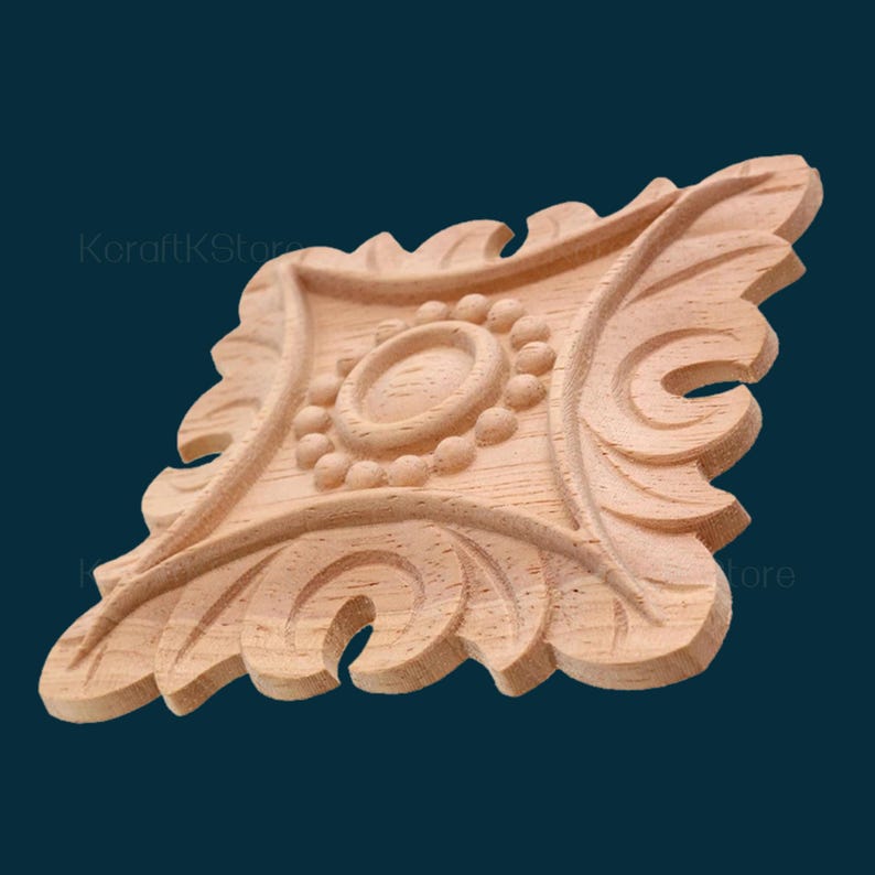 May include: A wooden decorative applique with a carved floral design and a central circle with raised dots. The applique is light brown and has a slightly distressed finish.