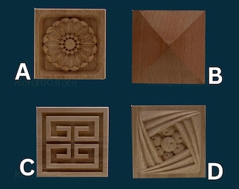 1 Piece Retro molding wood applique wood sticker, Flower Wood Carving Natural Wood Appliques, Unpainted Square Wood Applique Onlay