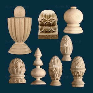 May include: A selection of unfinished wooden decorative finials in various shapes and sizes. Designs include a fluted urn, a lotus flower, a sphere, and several cone-shaped pieces. The tallest finial is 10 cm (3.9 inches) tall.
