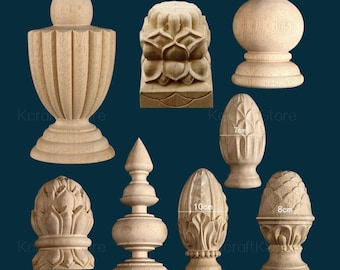 Cabezal de columna de escalera redondo con forma de bola, tapa de poste redonda tallada en madera maciza / remate de madera, barandilla de escalera, poste de cama / tapa de poste con remate para escalera