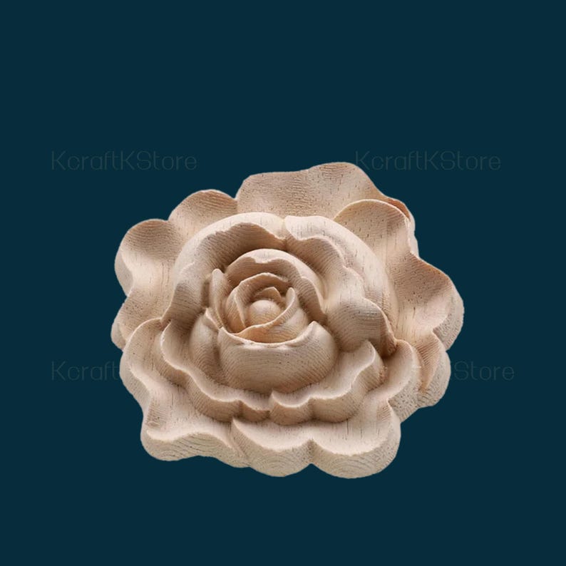 May include: A carved wooden rose with a detailed design. The rose is light brown and has a natural wood finish.