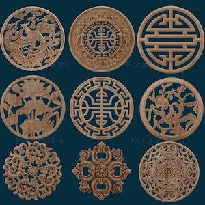May include: Nine round wooden carvings with intricate designs. The carvings feature various patterns, including floral motifs, geometric shapes, and a phoenix.