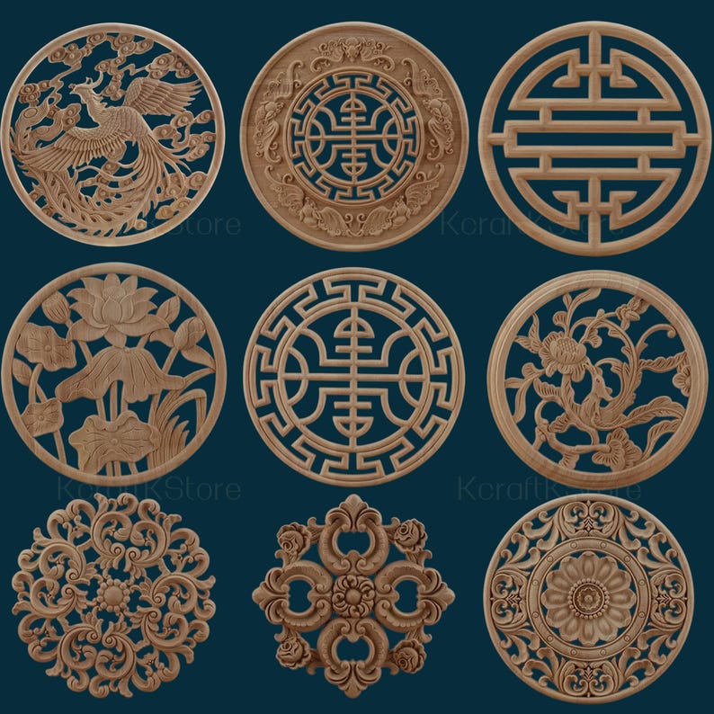 May include: Nine round wooden carvings with intricate designs. The carvings feature various patterns, including floral motifs, geometric shapes, and a phoenix.