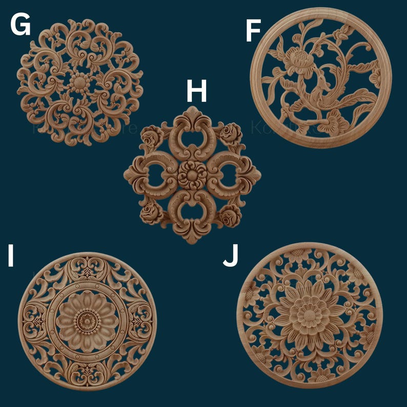 May include: Six round wooden wall decor pieces with intricate carved floral designs. The pieces are labelled with letters G, F, H, I, and J.