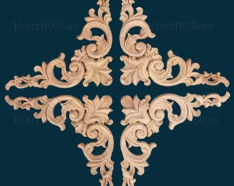 4 Stück 10 x 10 cm Holz geschnitzte Eckaufkleber, unlackierte Blumen Holzschnitzereien, geschnitztes Holzdekor für Möbel