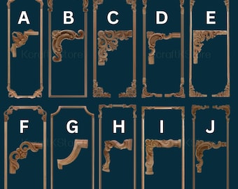 Peut inclure: Dix moulures d'angle en bois avec des motifs complexes. Les moulures sont de styles variés, notamment des motifs floraux, enroulés et géométriques. Les moulures sont toutes de couleur bois naturel.