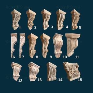 Peut inclure: Une collection de quinze consoles en bois non peintes, chacune avec un design sculpté unique. Les consoles présentent des motifs floraux et de volutes ornés. Le fond est bleu canard foncé, avec le texte "KcraftKStore" visible.