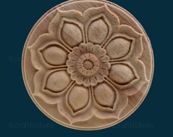 Round Rosettes Applique Onlay, 1pc, Unpainted Wood Carved Embellishments, Furniture Carving, Round Applique for Furniture or Wall Decor