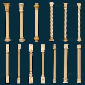 May include: A collection of twelve wooden columns in various designs. The columns are in shades of light brown and beige, with detailed carvings and smooth finishes. Some have fluted shafts, while others feature spiral or rectangular designs.