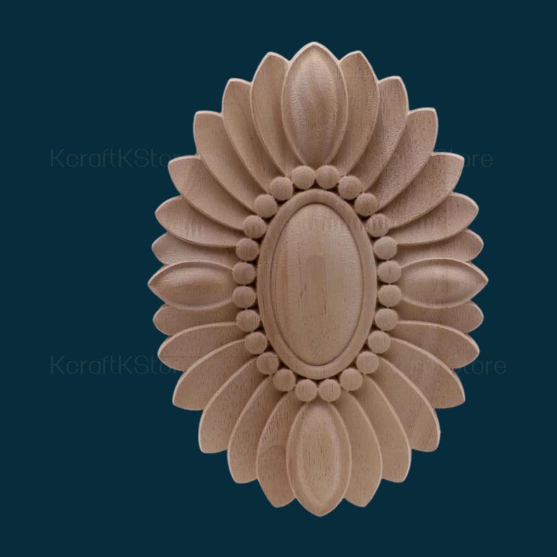 May include: A wooden oval-shaped decorative accent with a carved floral design. The centre of the accent features a smaller oval with a beaded border.
