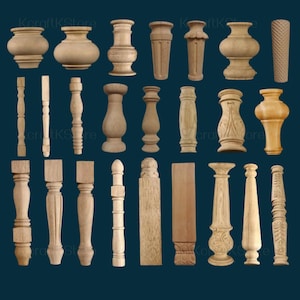 May include: A collection of various unfinished wooden furniture legs and decorative elements. The assortment includes turned vase-shaped pieces, fluted columns, and carved balusters, all in natural wood tones. Ideal for woodworking projects.