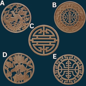 May include: Five round wooden wall decorations featuring intricate carvings. The designs include a phoenix, a lotus flower, and three different geometric patterns. The pieces are all in shades of brown and are set against a dark blue background.