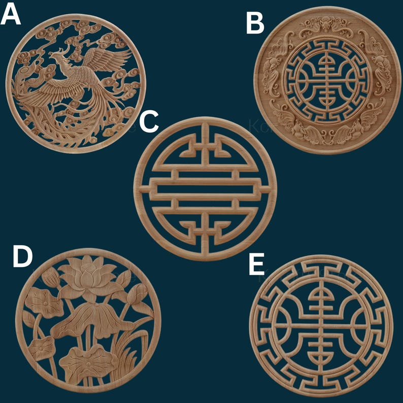 May include: Five round wooden wall decorations featuring intricate carvings. The designs include a phoenix, a lotus flower, and three different geometric patterns. The pieces are all in shades of brown and are set against a dark blue background.