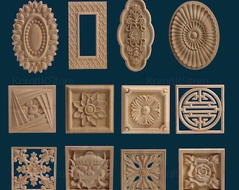 Retro molding wood applique wood sticker, Flower Wood Carving Natural Wood Appliques, Unpainted Square Wood Applique Onlay