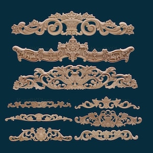 May include: A set of ten ornate wooden decorative moldings with intricate floral designs. The moldings are in various sizes and shapes, and they are all made of a light brown wood.