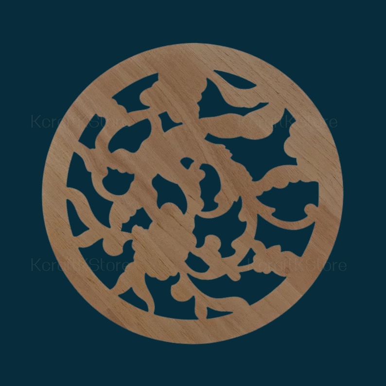 May include: A round wooden cutout with a floral design. The cutout is brown and has an intricate pattern of leaves and flowers.