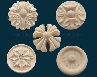 Cute Rosettes Applique Onlay,Flower Wood Carving Natural Wood Appliques, Unpainted Square Wood Applique Onlay, Cabinet Unpainted Wooden