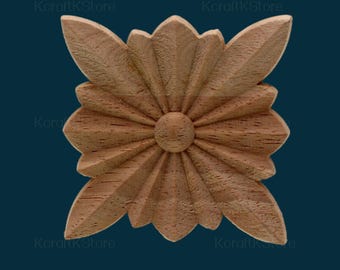 Haorw 4 pezzi di legno intagliato adesivo 4 x 4 cm – Naturale legno ornamento fiore intagliato decorazione armadio mobili angolo