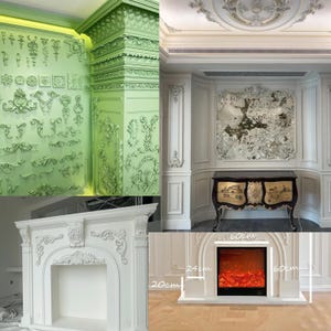 May include: A collection of interior design elements, including ornate wall panels, a fireplace with a faux flame, and decorative moldings. The fireplace is 24 inches wide and 20 inches high, with a 60-inch wide frame.