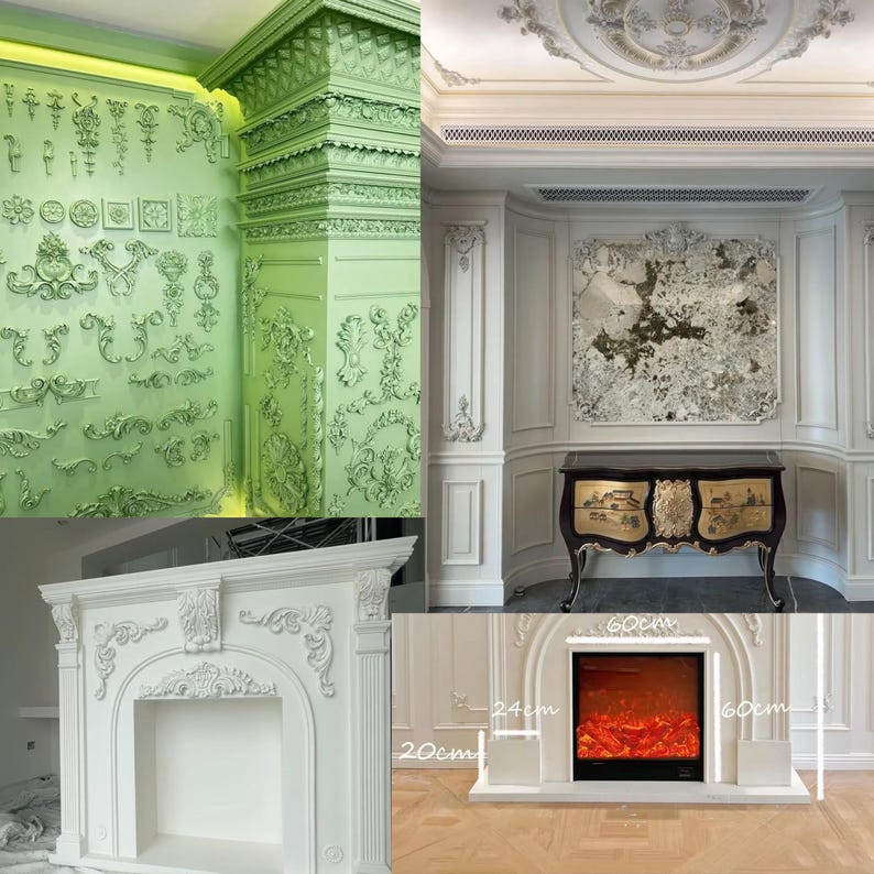May include: A collection of interior design elements, including ornate wall panels, a fireplace with a faux flame, and decorative moldings. The fireplace is 24 inches wide and 20 inches high, with a 60-inch wide frame.