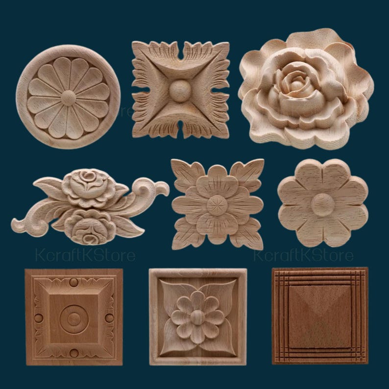 May include: Assortment of ten wooden decorative appliques in various shapes and sizes. The appliques feature floral and geometric designs, including a rose, a flower, a square, and a circle. The appliques are made of natural wood and have a light brown colour.