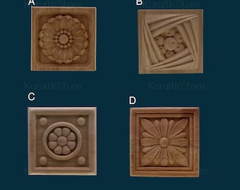 Doors and Windows Small Decorative Floral Applique, Flower Wood Carving Natural Wood Appliques, Unpainted Square Wood Applique Onlay