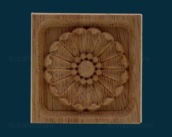 Doors and Windows Small Decorative Floral Applique, Flower Wood Carving Natural Wood Appliques, Unpainted Square Wood Applique Onlay