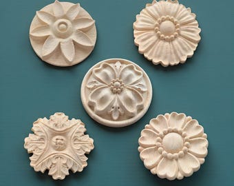 Flower Wood Carving Natural Wood Appliques, Round Rosettes Applique Onlay,, Unpainted Square Wood Applique Onlay, Cabinet Unpainted Wooden