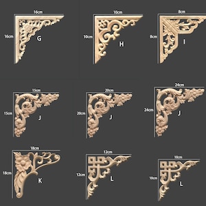 May include: A collection of intricately carved wooden corner brackets in various sizes and designs. The brackets range from 8cm to 24cm in length, featuring floral, scroll, and geometric patterns. Ideal for decorative woodworking projects.