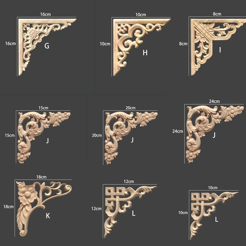May include: A collection of intricately carved wooden corner brackets in various sizes and designs. The brackets range from 8cm to 24cm in length, featuring floral, scroll, and geometric patterns. Ideal for decorative woodworking projects.