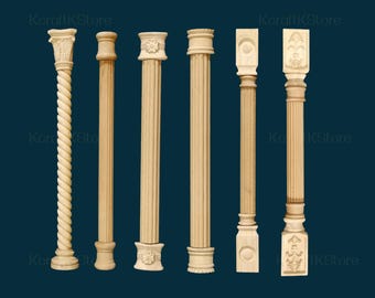 Tall Fluted Ionic Column of Wood, Wooden Carved Regal Ionic Pilaster, Carved Applique Roman Column | Vintage Cabinet Door Onlay Trim