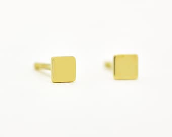 May include: A pair of gold square stud earrings. The earrings are small and simple, making them a versatile accessory for any occasion.