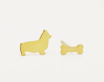 14K Gold or Sterling Silver Corgi & Bone Stud Earrings