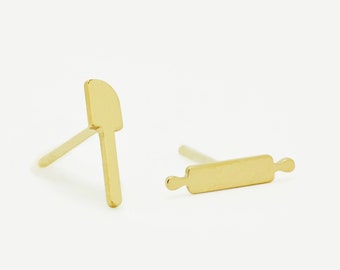 14K Gold or Sterling Silver Spatula & Rolling Pin Stud Earrings