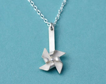 Handfolded Spinnable Sterling Silver Pinwheel Necklace (post up)