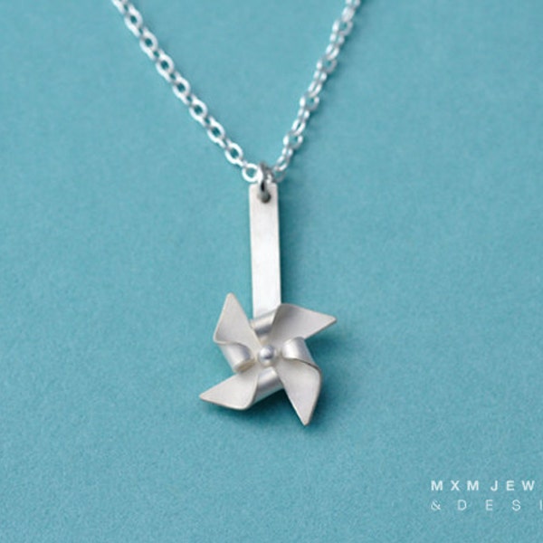 Handfolded Spinnable Sterling Silver Pinwheel Necklace (post up)