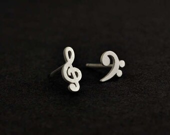 Sterling Silver or Solid Gold Music Clef Note / G and F Clef Stud Earrings