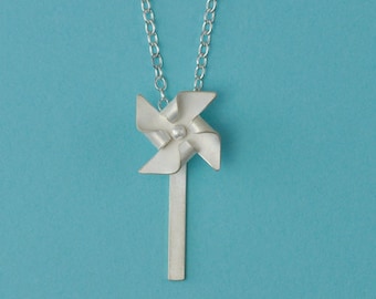 Handfolded Spinnable Sterling Silver Pinwheel Necklace (post down)