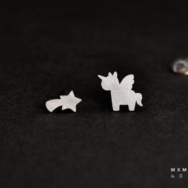 Sterling Silver Unicorn (Pegasus) and Shooting Star Stud Earrings