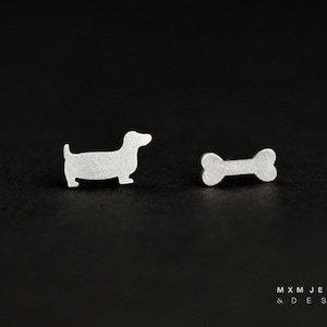 Sterling Silver Dachshund/Basset Dog & Bone Stud Earrings image 1