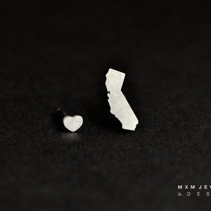 Sterling Silver California State & Heart Stud Earrings