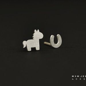 Sterling Silver Little Horse & Mini Horseshoe Stud Earrings