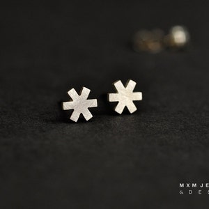May include: A pair of silver star-shaped stud earrings. The earrings are small and delicate, and they have a matte finish.