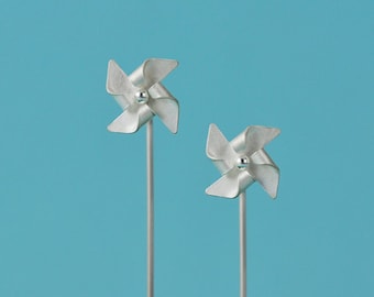 Handfolded Sterling Silver Pinwheel Earrings W/Long Post