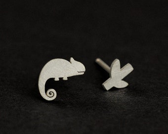 Sterling Silver Little Chameleon & Branch Stud Earrings