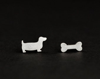 Sterling Silver Dachshund/Basset Dog & Bone Stud Earrings