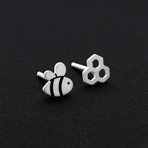 Sterling Silver Bee and Honeycomb Stud Earrings Mix Pair