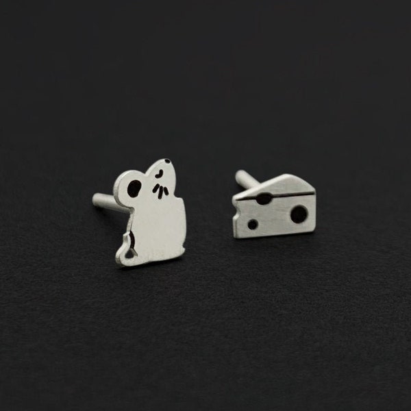 Sterling Silver Mouse and Cheese Stud Earrings