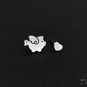 Sterling Silver Flying Pig and Mini Heart Stud Earrings