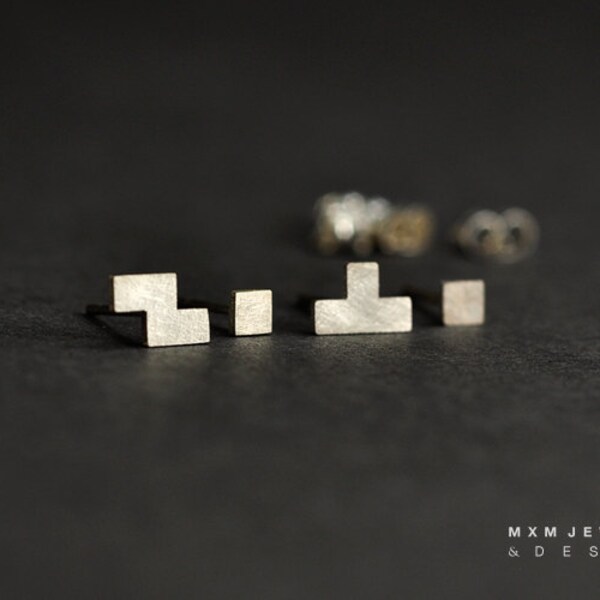 Tiny Sterling Silver Tetris Stud Earrings Set